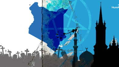 Silhouettes of graves and mosques with a cracked map in the center, overlaid with a blue compass.